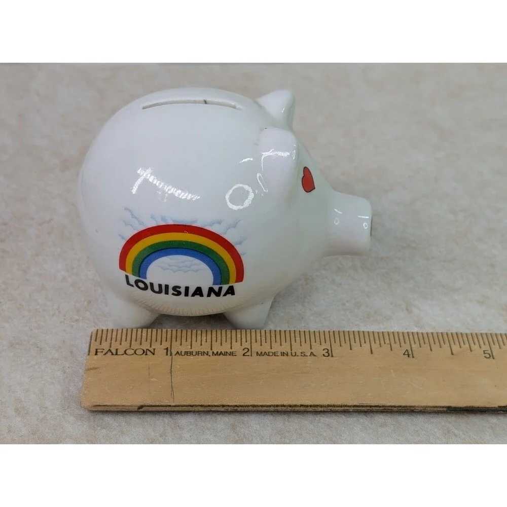 Vintage Porcelain Louisiana Souvenir Piggy Bank with Rainbow & Red Hearts